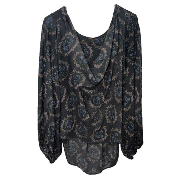Free People Blouse Size L Dark Gray Peasant Floral Cowl Neck High-Low Hem Shirt - Picture 1 of 16
